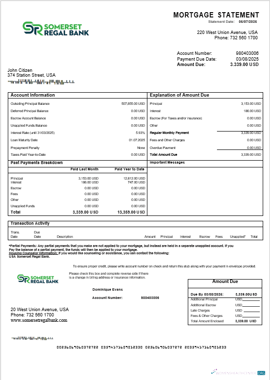 Download USA Somerset Regal Bank mortgage statement in Word and PDF formats Photoshop template